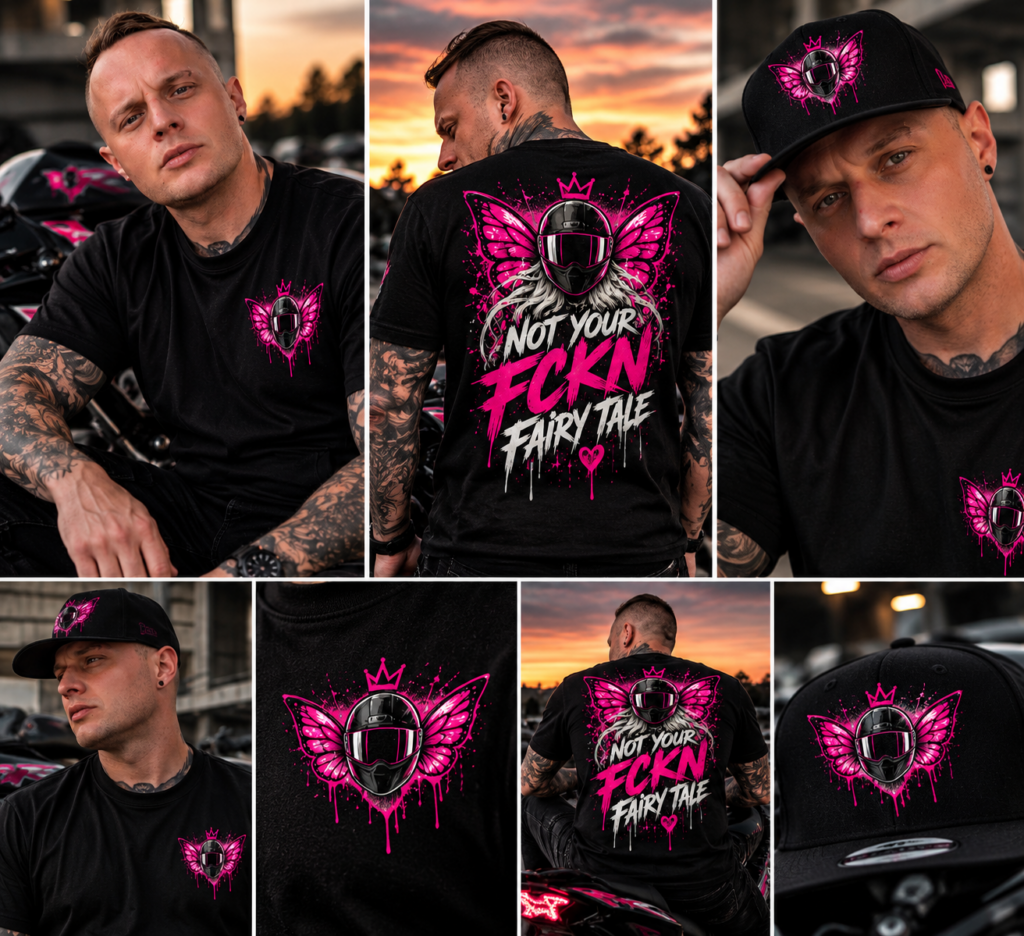 KI-Mockup des pinken Merchdesigns auf Shirt und Cap