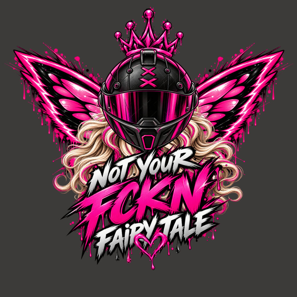 Pinker Helm mit Flügeln und Schriftzug als Biker-Merchmotiv