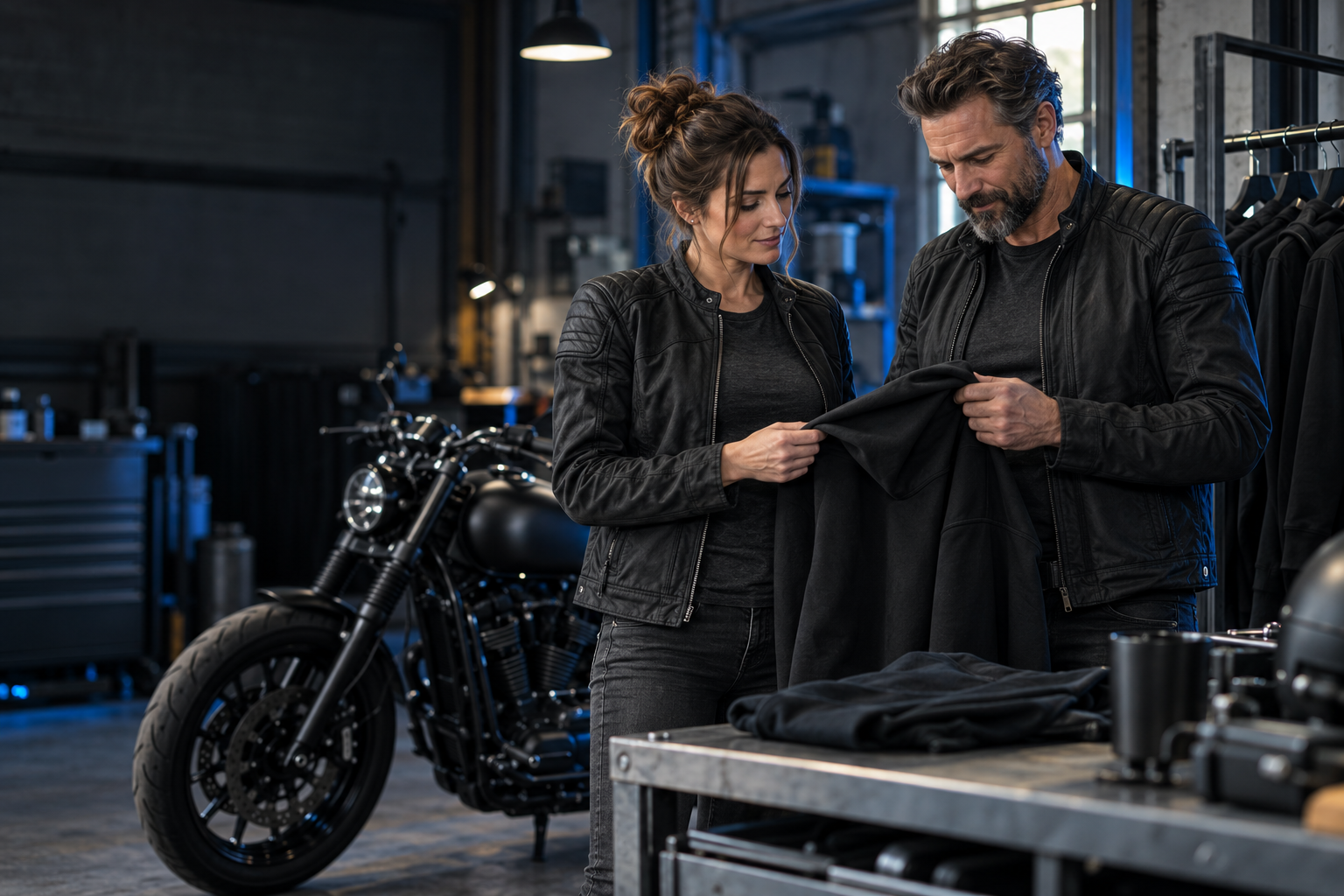 Zwei Biker betrachten ein schwarzes Textil in einer dunklen Motorradwerkstatt.